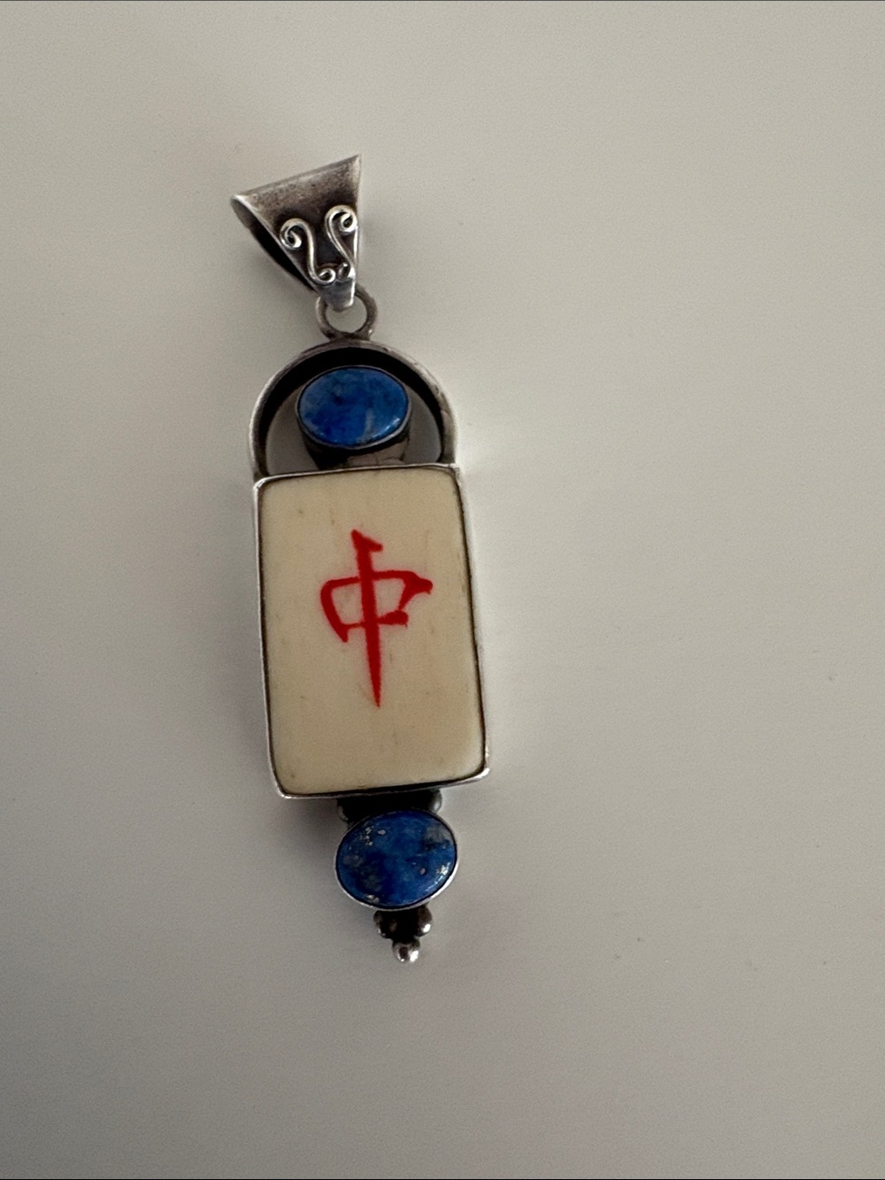 Silver and Lapis Mah Jong tile Red Dragon Pendent